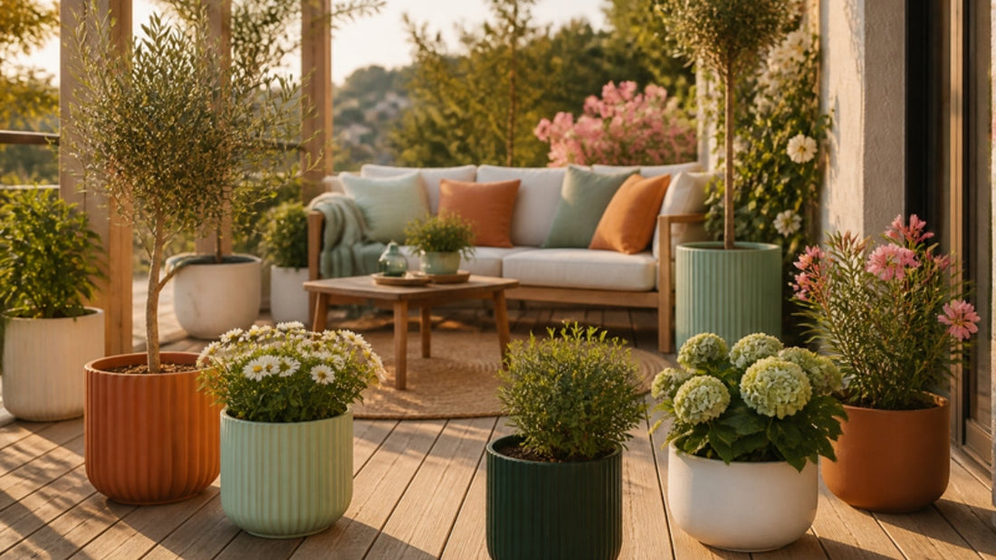 Terraza soleada decorada con maceteros plásticos de colores