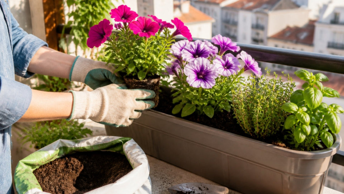 Manos plantando petunias y hierbas en una jardinera plástica en un balcón