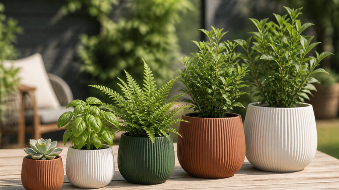 Cinco maceteros plásticos de distintos tamaños con plantas sobre una mesa de madera